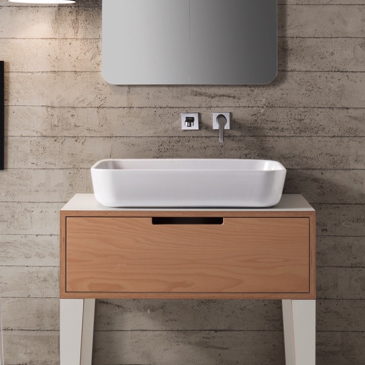 Bathroom Sink, Scarabeo 9007-No Hole, Rectangular White Ceramic Vessel Sink