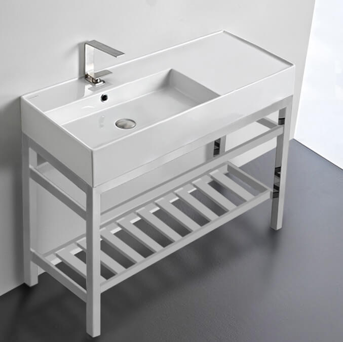 Scarabeo 5119-CON2-One Hole Modern Ceramic Console Sink With Counter Space and Chrome Base