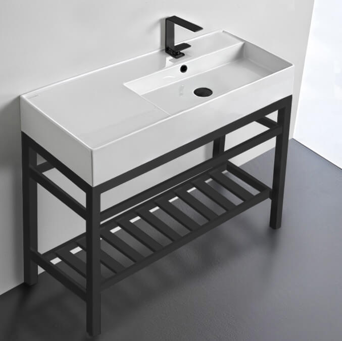 Scarabeo 5120-CON2-BLK-One Hole Modern Ceramic Console Sink With Counter Space and Matte Black Base