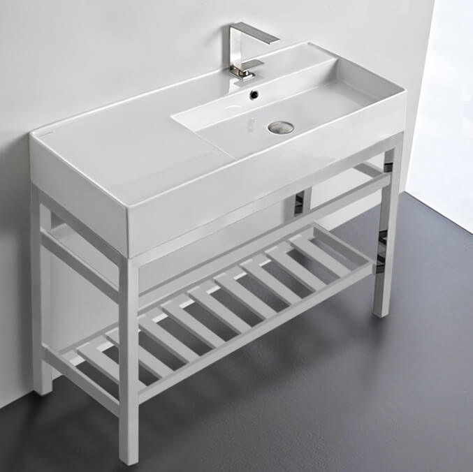 Scarabeo 5120-CON2-One Hole Modern Ceramic Console Sink With Counter Space and Chrome Base