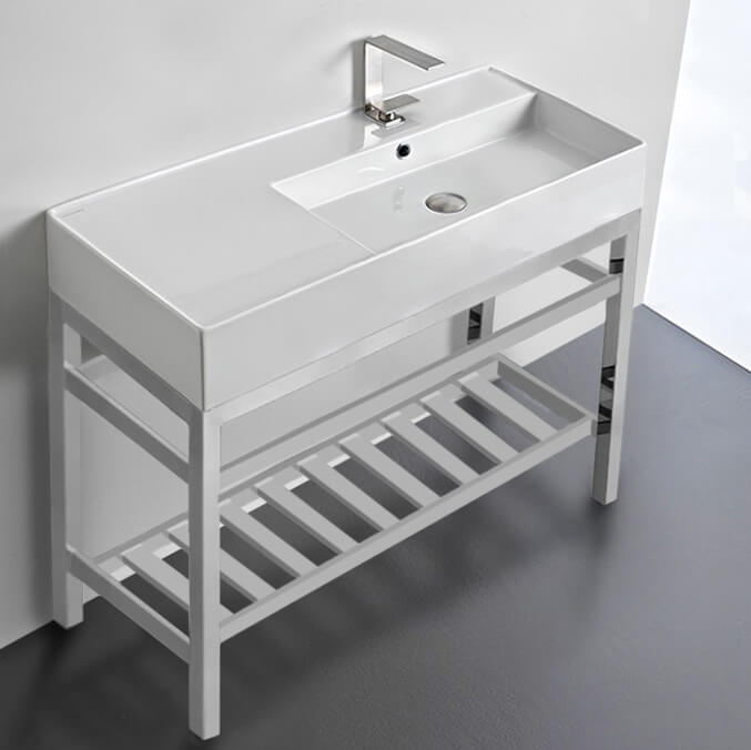 Scarabeo 5120-CON2-One Hole Modern Ceramic Console Sink With Counter Space and Chrome Base, 40 Inch