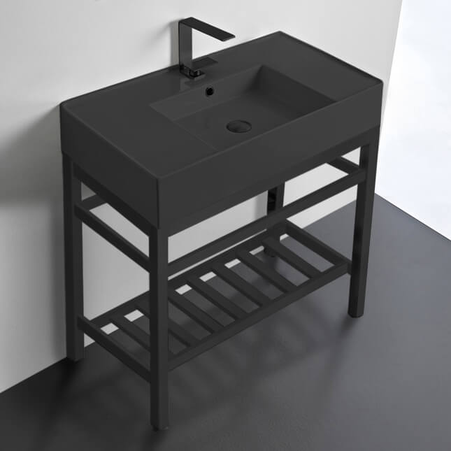 Modern Matte Black Ceramic Console Sink and Matte Black Base Scarabeo 5123-49-CON2-BLK