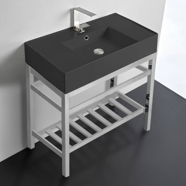 Modern Matte Black Ceramic Console Sink and Polished Chrome Base Scarabeo 5123-49-CON2