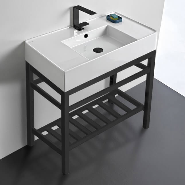 Console Bathroom Sink Modern Ceramic Console Sink With Counter Space and Matte Black Base, 32 Inch Scarabeo 5123-CON2-BLK