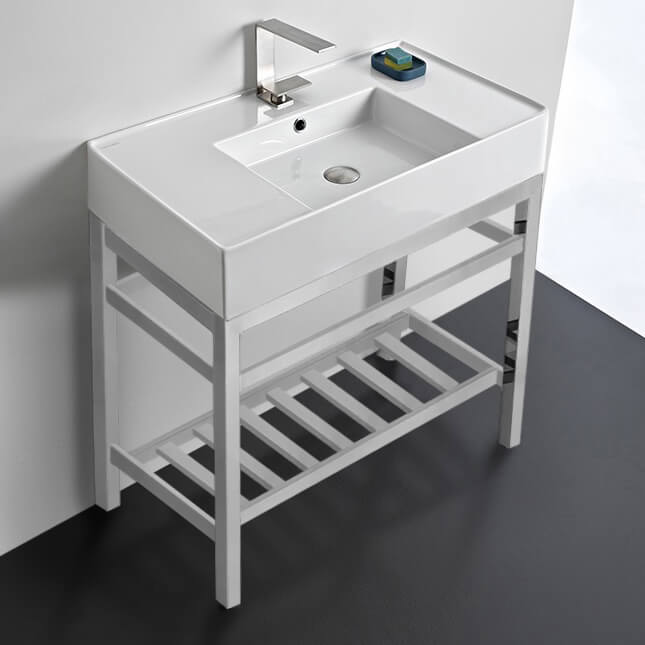 Scarabeo 5123-CON2 Modern Ceramic Console Sink With Counter Space and Chrome Base