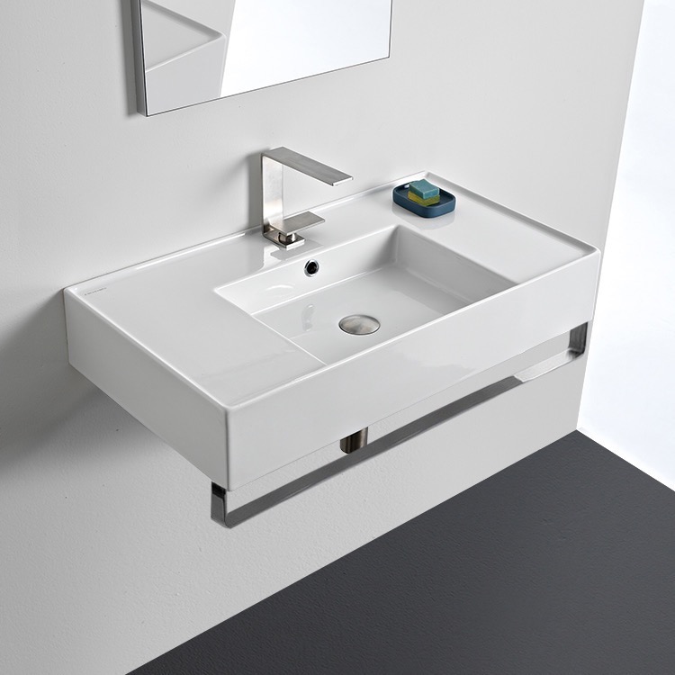 Scarabeo 5123-TB Rectangular Ceramic Wall Mounted Sink With Counter Space, Includes Towel Bar