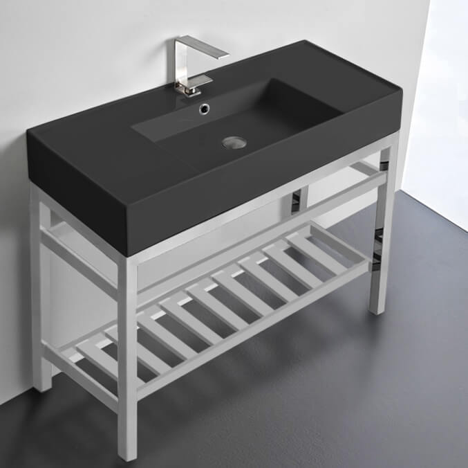 Bathroom Sink, Scarabeo 5124-49-CON2-One Hole, Modern Matte Black Ceramic Console Sink and Polished Chrome Base