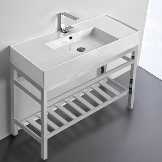 Scarabeo 5124-CON2 Modern Ceramic Console Sink With Counter Space and Chrome Base, 40 Inch
