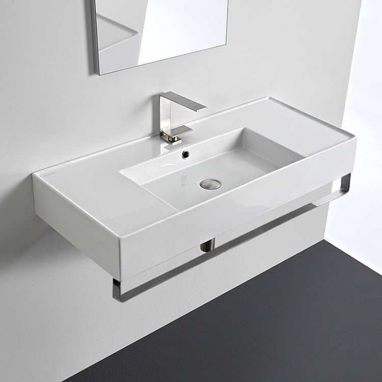 Scarabeo 5124-TB-One Hole Rectangular Ceramic Wall Mounted Sink With Counter Space, Includes Towel Bar