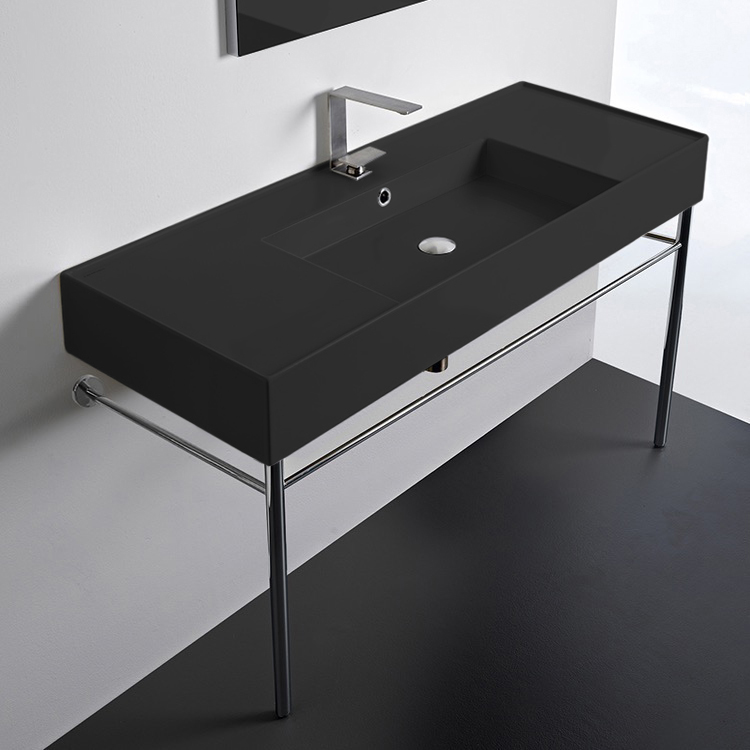 Scarabeo 5125-49-CON Modern Matte Black Ceramic Console Sink and Polished Chrome Base