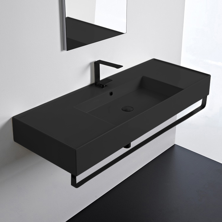 Scarabeo 5125-49-TB-BLK Wall Mounted Matte Black Ceramic Sink With Matte Black Towel Bar