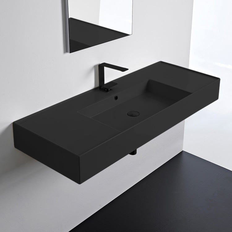 Scarabeo 5125-49 Matte Black Ceramic Wall Mounted or Vessel Sink With Counter Space