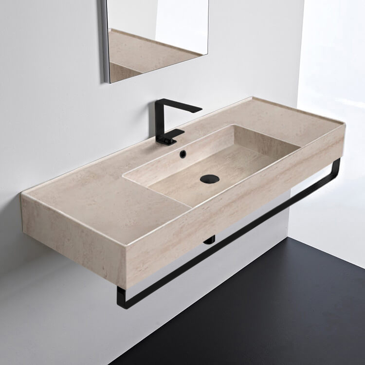 Scarabeo 5125-E-TB-BLK Wall Mounted Beige Travertine Design Ceramic Sink With Matte Black Towel Bar