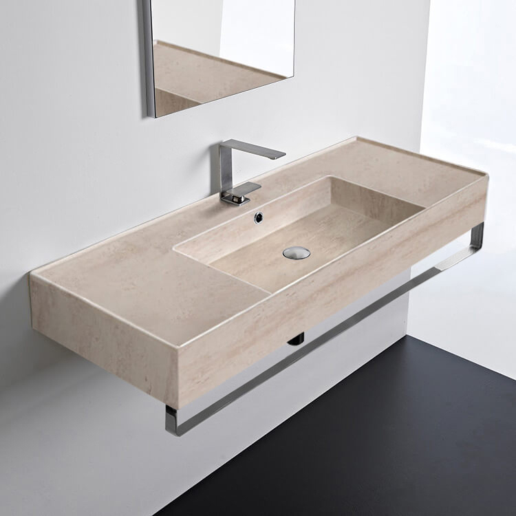 Scarabeo 5125-E-TB Wall Mounted Beige Travertine Design Ceramic Sink With Polished Chrome Towel Bar