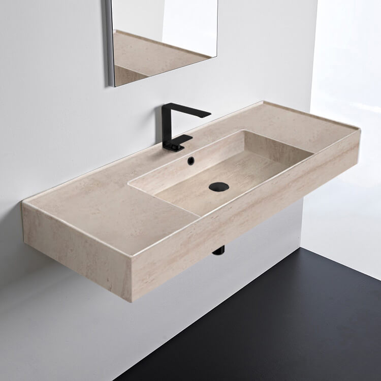 Scarabeo 5125-E Beige Travertine Ceramic Wall Mounted or Vessel Sink With Counter Space