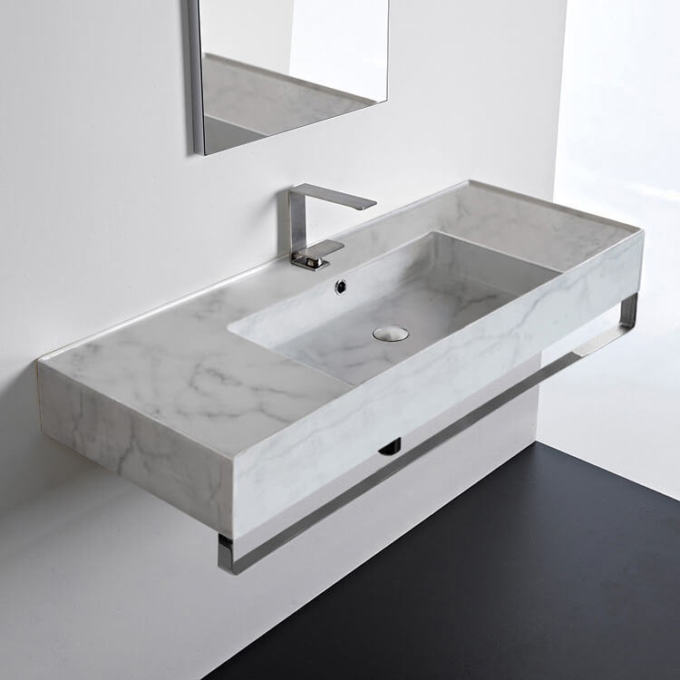 Scarabeo 5125-F-TB Wall Mounted Marble Design Ceramic Sink With Polished Chrome Towel Bar