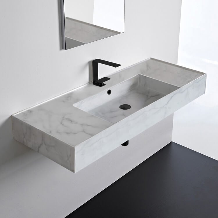 Scarabeo 5125-F Marble Design Ceramic Wall Mounted or Vessel Sink With Counter Space