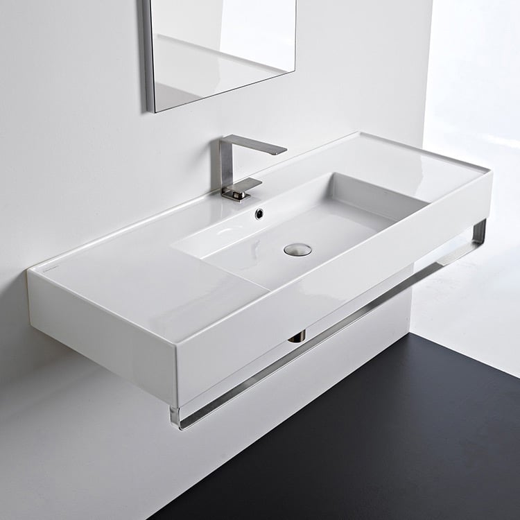 Rectangular Ceramic Wall Mounted Sink With Counter Space Includes Towel Bar