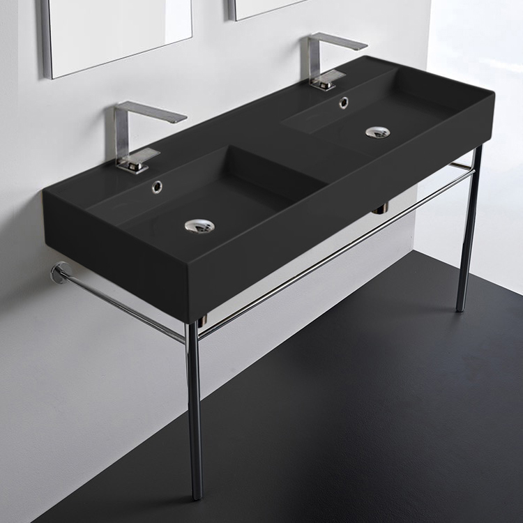 Scarabeo 5143-49-CON Matte Black Double Ceramic Console Sink and Polished Chrome Base