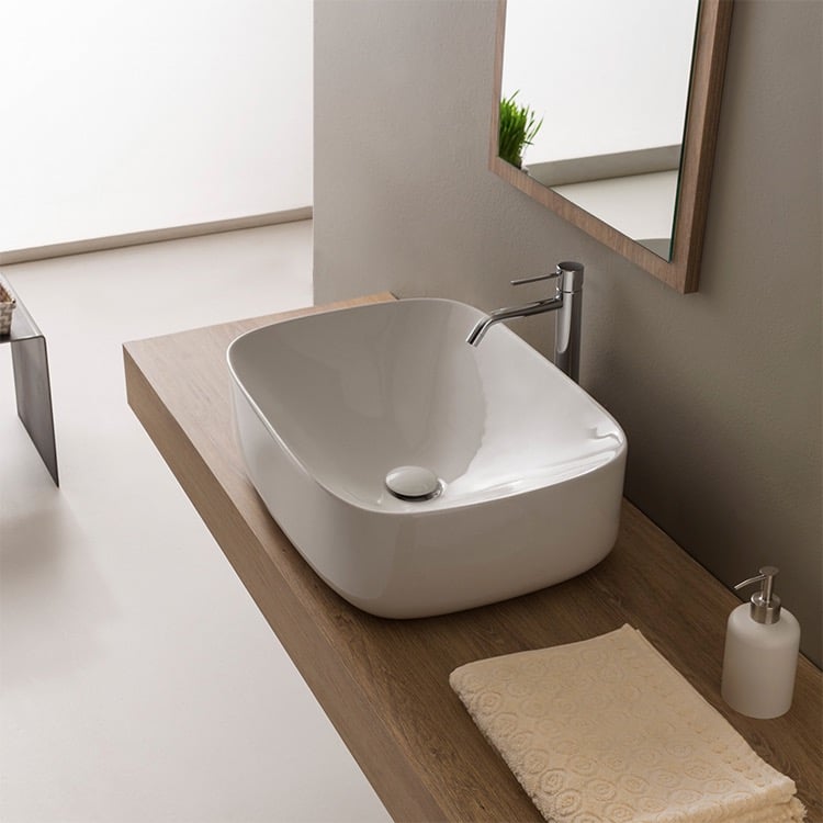 Bathroom Sink, Scarabeo 5501-No Hole, Round White Ceramic Vessel Bathroom Sink