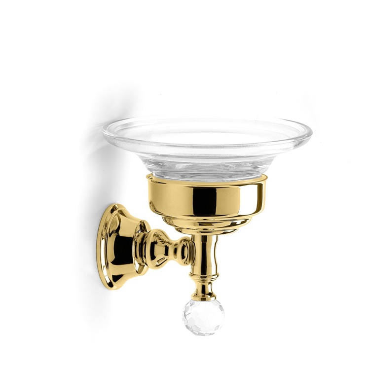 Soap Dish, StilHaus SL09-16, Gold Finish Wall Mounted Clear Glass Soap Dish with Crystal