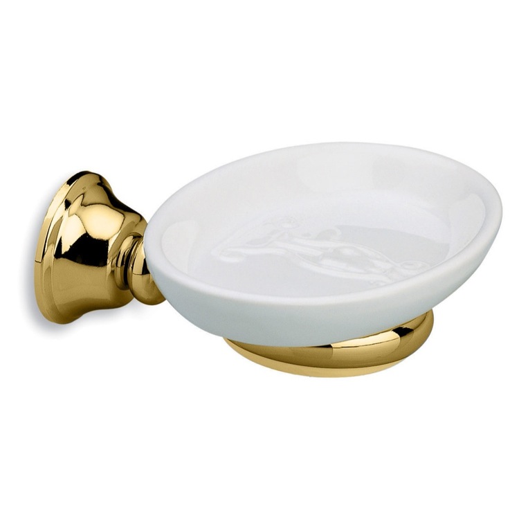 StilHaus SM09-16 White Wall Mounted Ceramic Soap Dish with Gold Finish Brass Mounting