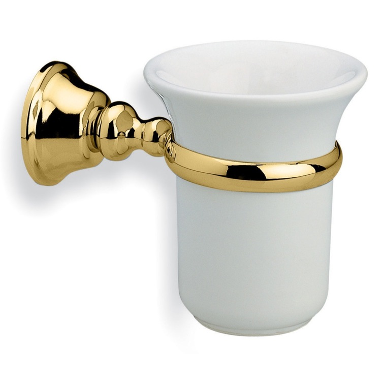 StilHaus SM10-16 Wall Mounted White Ceramic Toothbrush Holder with Gold Finish Brass Mounting