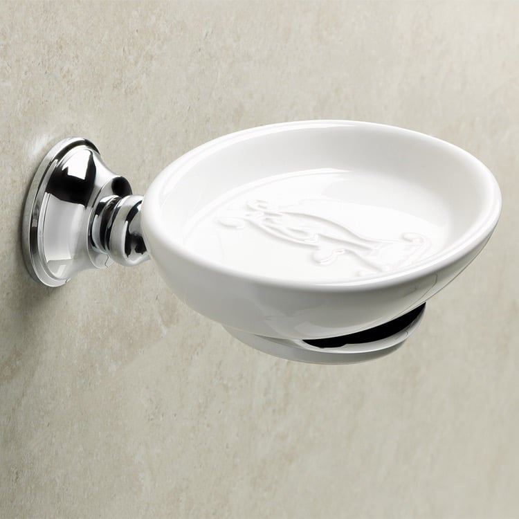 StilHaus SM09-08 Wall Mounted Round White Ceramic Soap Dish with Chrome Brass Mounting