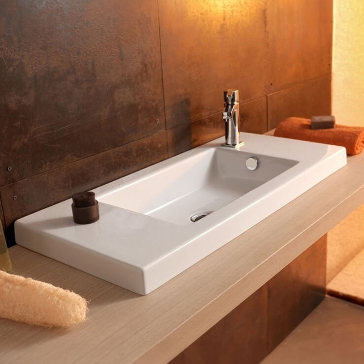 Bathroom Sink, Tecla 3501011-One Hole, Rectangular White Ceramic Wall Mounted or Drop In Sink