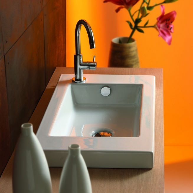 Bathroom Sink, Tecla 3503011-One Hole, Rectangular White Ceramic Wall Mounted or Drop In Sink