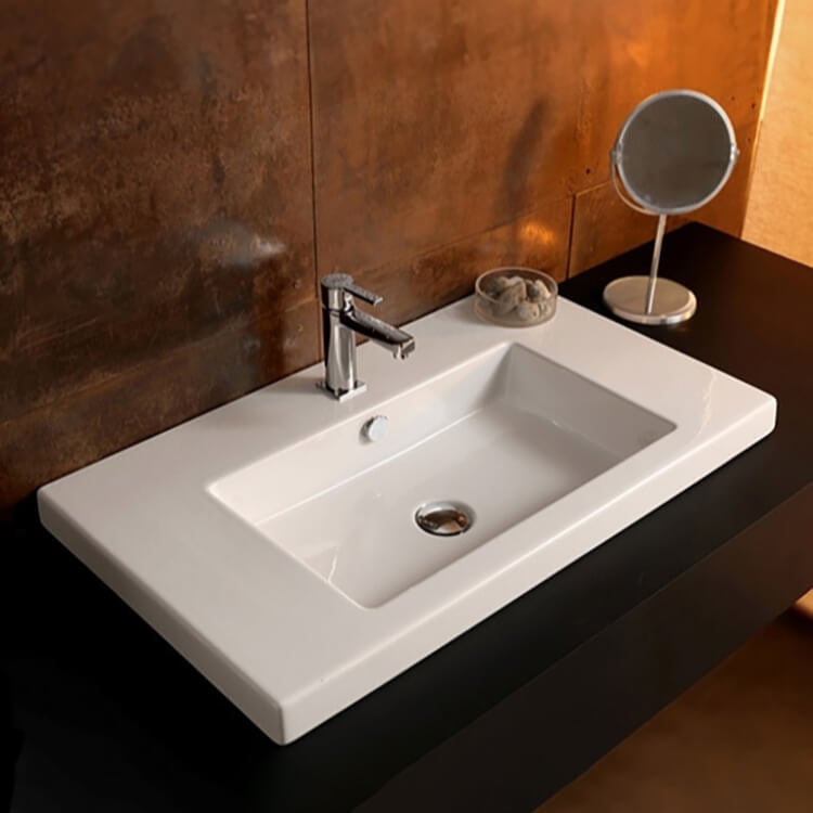Tecla CAN02011/D-One Hole Drop In Bathroom Sink, White Ceramic, Rectangular