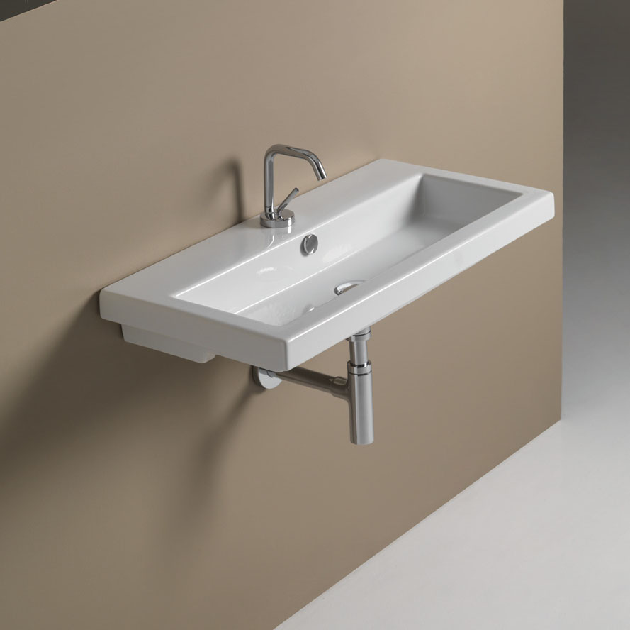 Bathroom Sink, Tecla 4002011-One Hole, Rectangular White Ceramic Wall Mounted or Drop In Sink