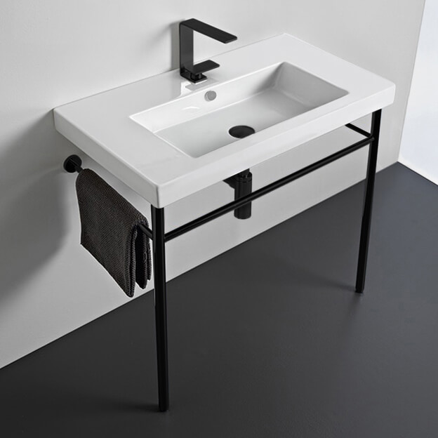 Tecla CAN02011-CON-BLK-One Hole Ceramic Console Sink and Matte Black Stand