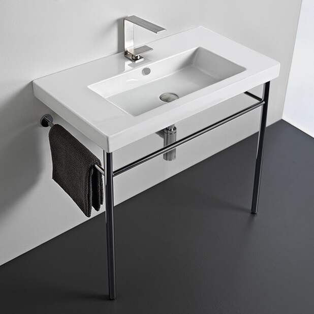 Bathroom Sink, Tecla CAN02011-CON-One Hole, Rectangular Ceramic Console Sink and Polished Chrome Stand