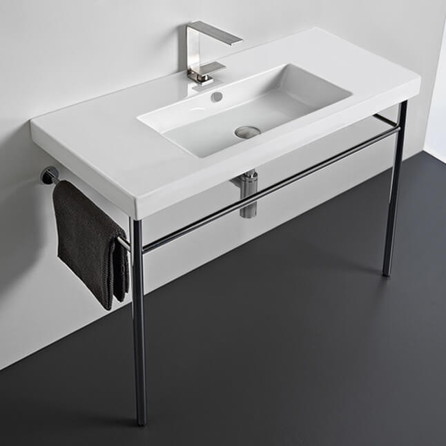 Bathroom Sink, Tecla CAN03011-CON-One Hole, Rectangular Ceramic Console Sink and Polished Chrome Stand