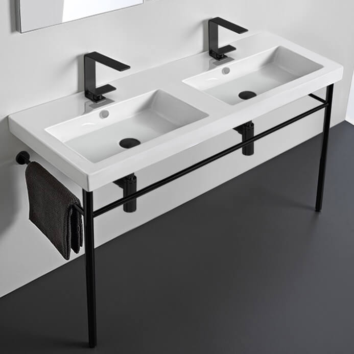 Tecla CAN04011-CON-BLK-Two Hole Double Ceramic Console Sink and Matte Black Stand