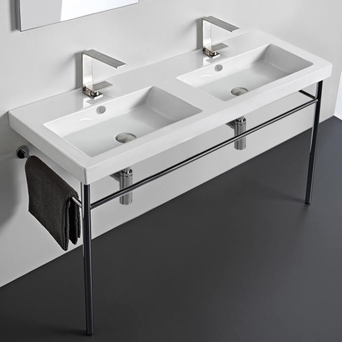 Tecla CAN04011-CON-Two Hole Double Basin Ceramic Console Sink and Polished Chrome Stand