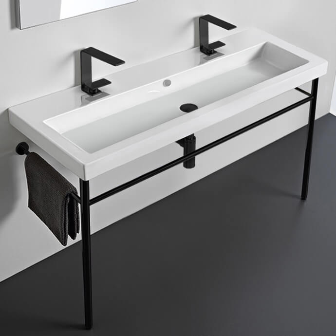 Tecla CAN05011B-CON-BLK-Two Hole Double Ceramic Console Sink and Matte Black Stand, 48 Inch