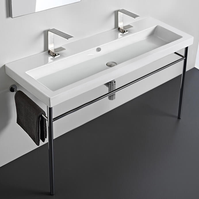 Bathroom Sink, Tecla CAN05011B-CON-Two Hole, Large Double Ceramic Console Sink and Polished Chrome Stand