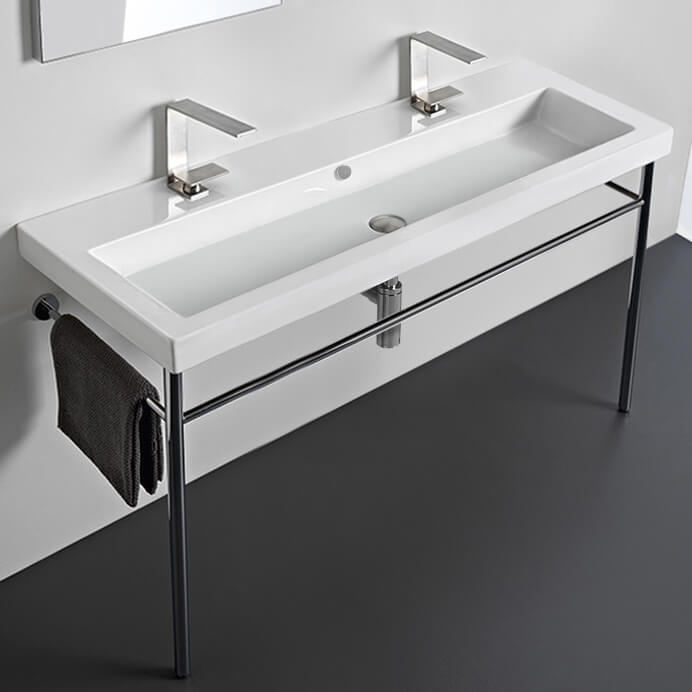 Tecla CAN05011B-CON-Two Hole Large Double Ceramic Console Sink and Polished Chrome Stand, 48 Inch