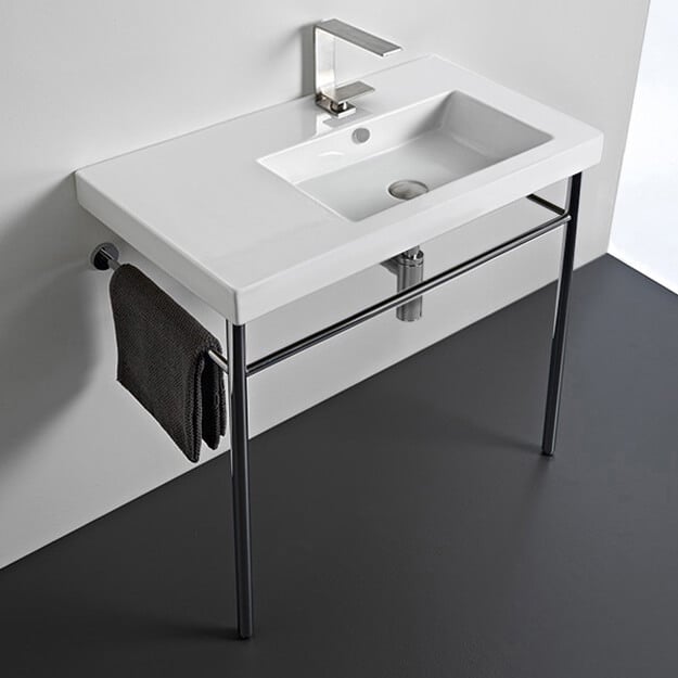 Tecla CO01011-CON-One Hole Rectangular Ceramic Console Sink and Polished Chrome Stand