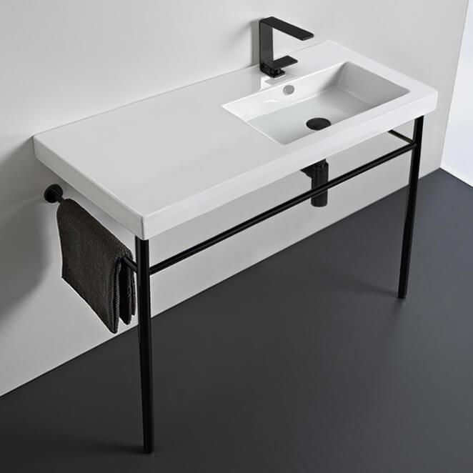 Bathroom Sink, Tecla CO02011-CON-BLK-One Hole, Ceramic Console Sink and Matte Black Stand