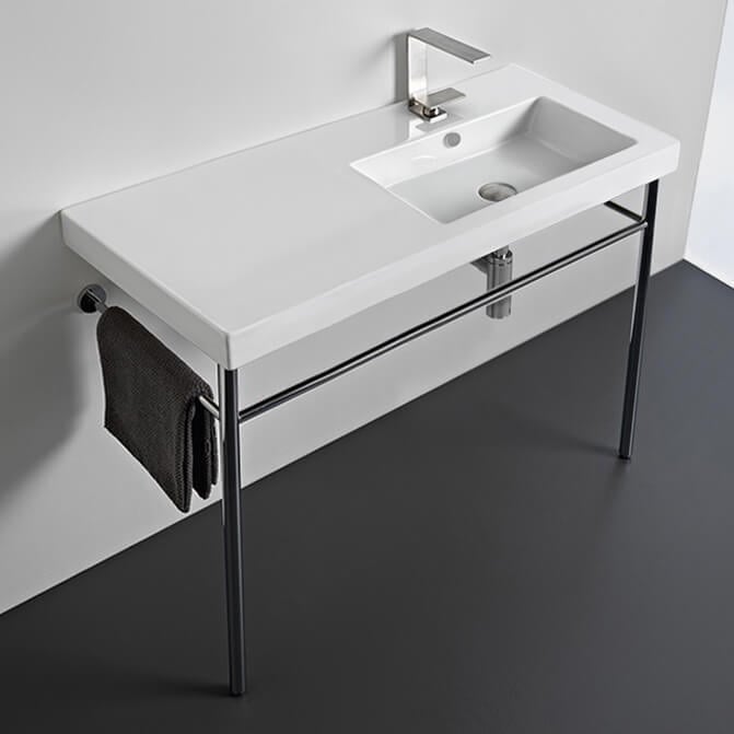 Tecla CO02011-CON-One Hole Rectangular Ceramic Console Sink and Polished Chrome Stand, 40 Inch