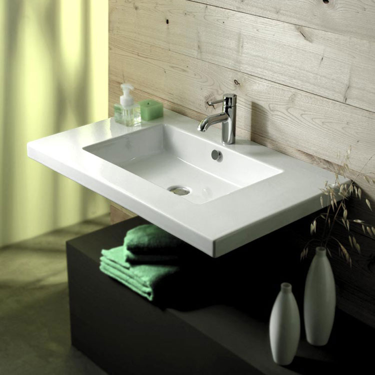 Tecla MAR02011-One Hole Rectangular White Ceramic Wall Mounted or Drop In Sink